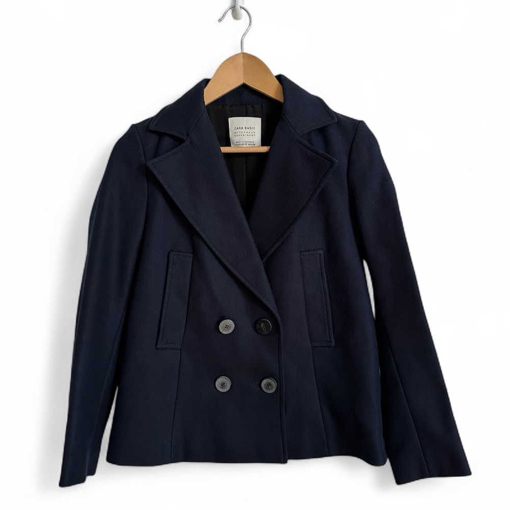 Zara Basic Navy Double Breasted Jacket Peacoat Si… - image 6